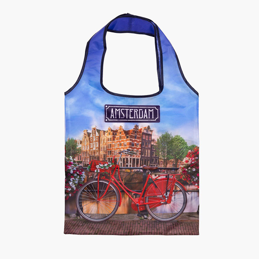 Hopvikbar kasse med avtryck av en röd cykel längs en kanal i Amsterdam från Matix Souvenir Holland