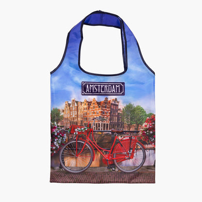 Hopvikbar kasse med avtryck av en röd cykel längs en kanal i Amsterdam från Matix Souvenir Holland