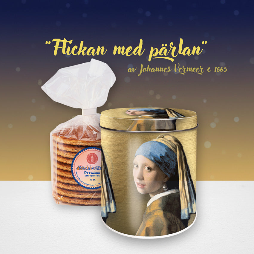 Stroopwafelburk med tryck av Johannes Vermeers ”Flickan med pärlan”, inklusive en förpackning med premium-stroopwaflar (10 st, ca 350 g)