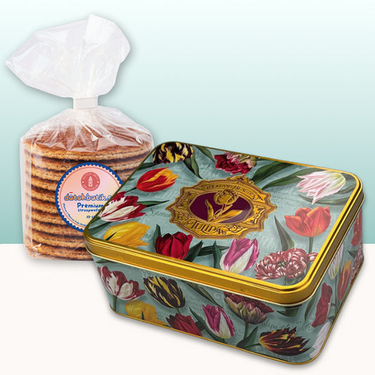Pretty Tulips blågrön kexburk med tulpanmotiv, gulddetaljer och premium stroopwafels från Nederländerna i exklusivt gåvoset.