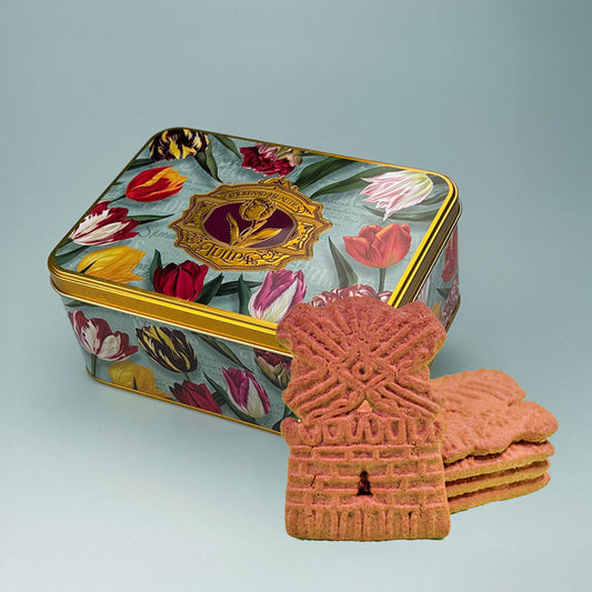 Paket: Kexburk serien "Pretty Tulips" tulpaner/grön och präglad logo med en påse Speculaas (holländska pepparkakor) från Matix Souvenir Holland