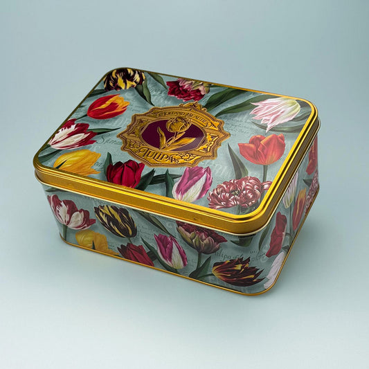 Kexburk serien "Pretty Tulips" tulpaner/grön och präglad logo från Matix souvenir Holland