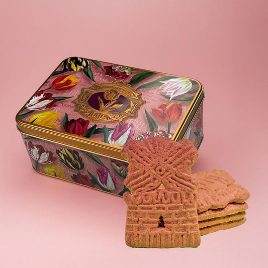 Paket: Burk serien "Pretty Tulips" tulpaner/rosa och präglad logo med påse Speculaas (Holländska pepparkakor)