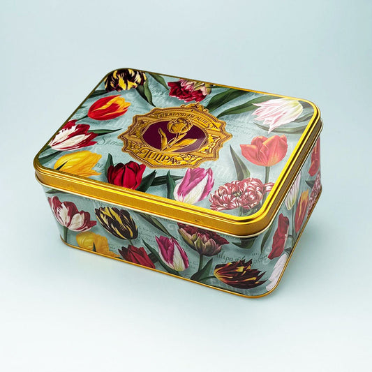 Kexburk serien "Pretty Tulips" tulpaner/grön och präglad logo från Matix souvenir Holland