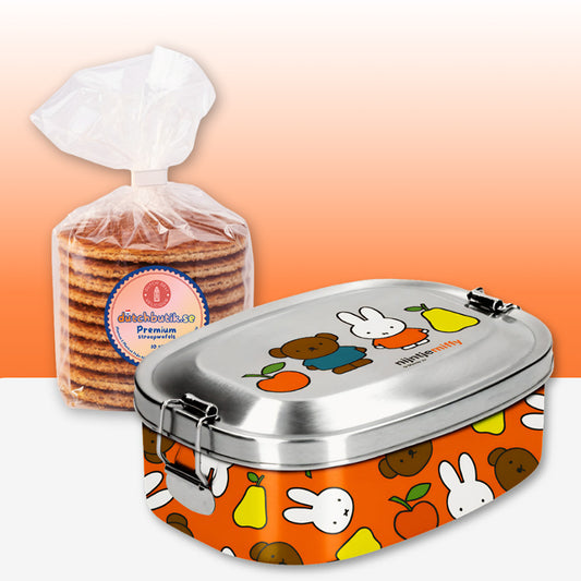 Miffy® lunchlåda med orange design, Miffy och Boris Bear samt ett paket premium stroopwafels från Nederländerna (10 st, ca 350 g).