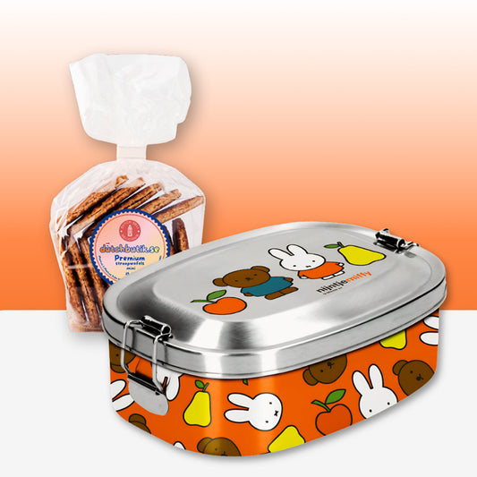 Miffy® lunchlåda med orange design, Miffy och Boris Bear samt en påse mini premium stroopwafels från Nederländerna (15 st).