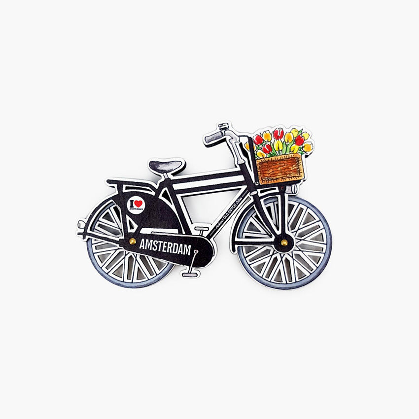 Magnet mdf svart cykel med texten Amsterdam med roterande hjul och en bukett tulpaner i korg från Matix Souvenir Holland
