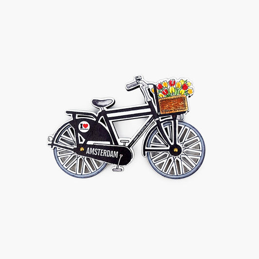 Magnet mdf svart cykel med texten Amsterdam med roterande hjul och en bukett tulpaner i korg från Matix Souvenir Holland