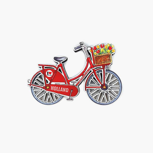 Magneter mdf röd cykel med roterande hjul och bukett tulpaner i korg med texten Holland från Matix souvenir Holland