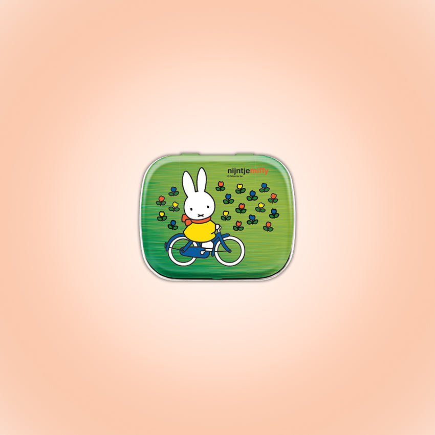 Miffy på cykel – mintburk med pepparmintkarameller i mörkgrön metallic
