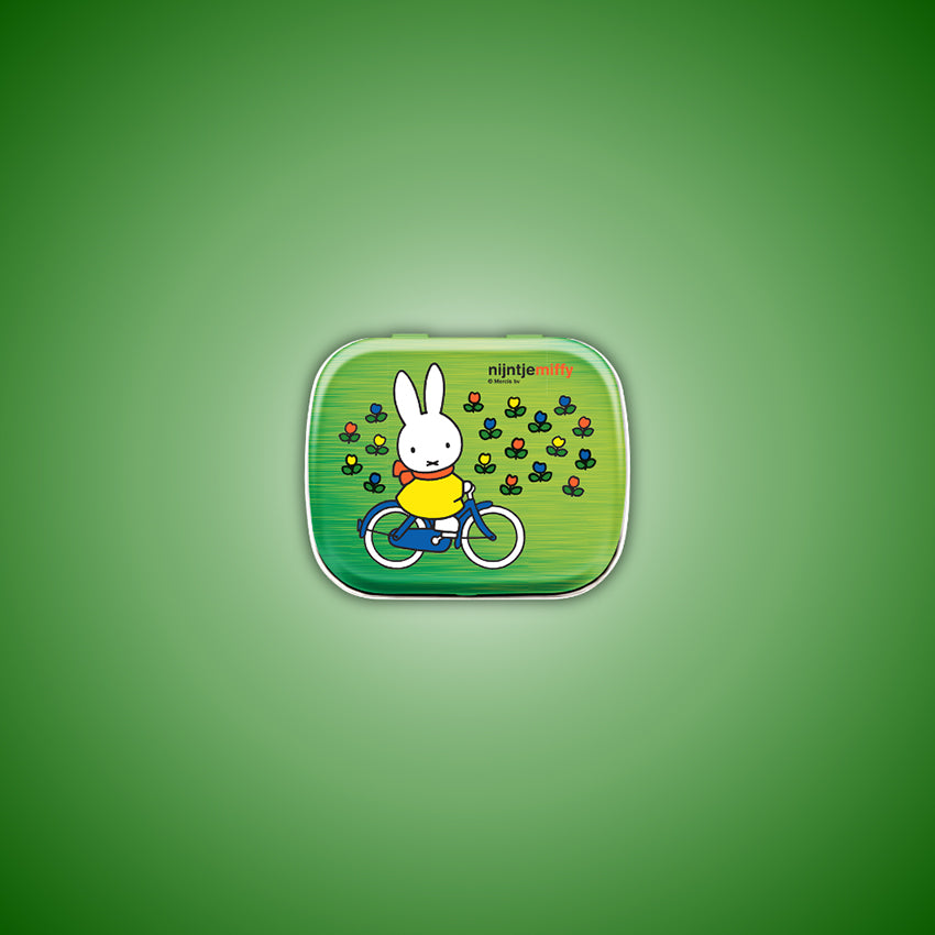Miffy på cykel – mintburk med pepparmintkarameller i mörkgrön metallic