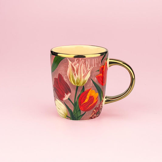 Mugg 165ml. serien "Pretty Tulips" rosa/tulpaner i porslin av hög kvalitet med gulddetaljer från Matix Souvenir Holland