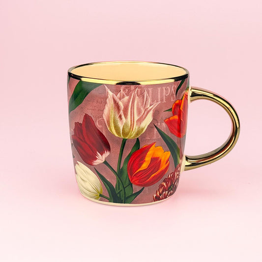 Mugg 275ml. serien "Pretty Tulips" rosa/tulpaner i porslin av hög kvalitet med gulddetaljer från Matix Souvenir Holland