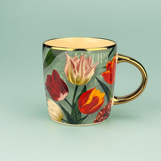 Mugg 275ml. serien "Pretty Tulips" tulpaner/grön porslin av hög kvalitet med gulddetaljer från Matix souvenir Holland