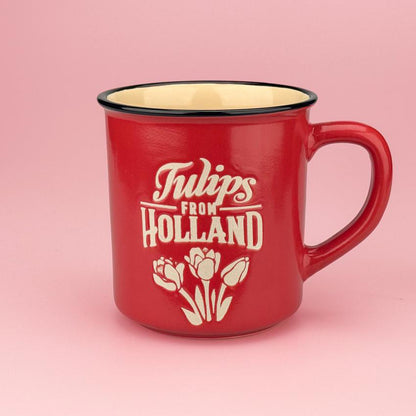 Mugg serien "Camp" röd keramik med text "tulips from Holland" från Matix Souvenir Holland