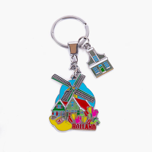 Nyckelring med färgsprakande tulpanskog, väderkvarn, träsko och Zaans hus i "Holland" från Matix Souvenir Holland