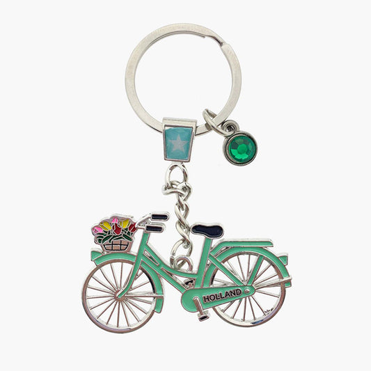Nyckelring med strassten och pastellgrön cykel med text Holland och cykelkorg med tulpaner från Matix Souvenir Holland