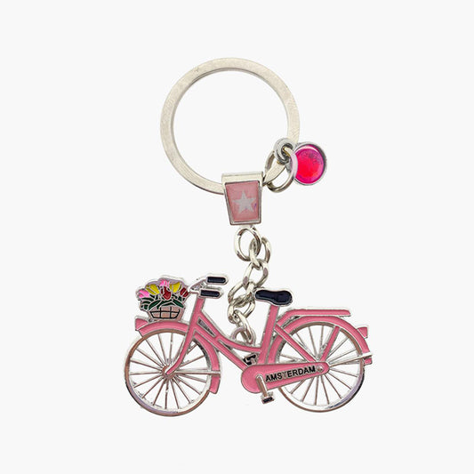 Nyckelring med strassten och rosa cykel med text Amsterdam och cykelkorg med tulpaner från Matix Souvenir Holland