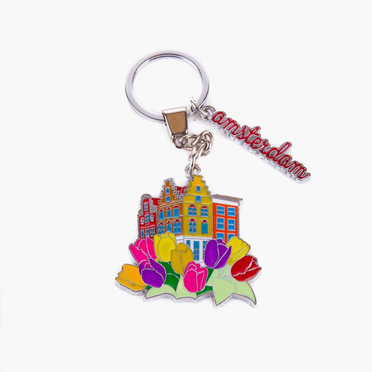 Nyckelring med färgsprakande tulpanskog och hus i "Amsterdam" från Matix Souvenir Holland