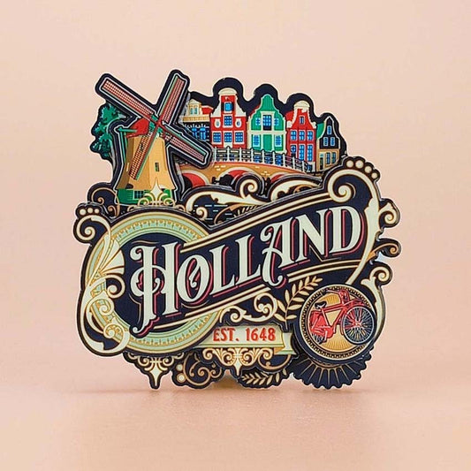 Magnet mdf serien "Vintage city ornaments Holland" med tulpaner, träsko, väderkvarn, cykel och mer från Matix Souvenir Holland