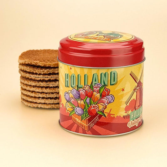 Paket: Burk med sirapsvåfflor (blik stroopwafels) Holland Tulips och Kvarn röd/gul i retrostil från Matix Souvenir Holland