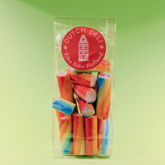 Påse 125gr. mjuk och liten regnbågssockerstänger (Regenboogstokjes) enligt Oosterhouts originalrecept från Holland Foodz