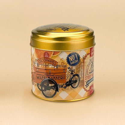 Sirapsvåfflorburk lastcykel Holland gul retrostil från Matix souvenir Holland