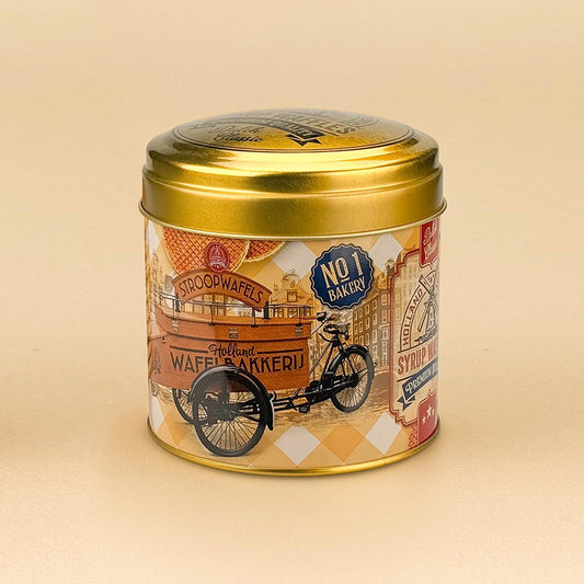 Sirapsvåfflorburk lastcykel Holland gul retrostil från Matix souvenir Holland