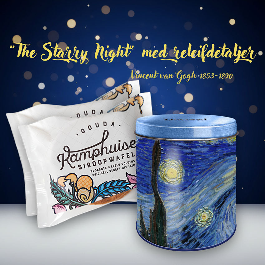 Van Gogh Starry Night plåtburk med djupa blå toner och reliefdetaljer med upphöjda stjärnor och Vincent-text samt två paket Kamphuisen sirapsvåfflor från Nederländerna.
