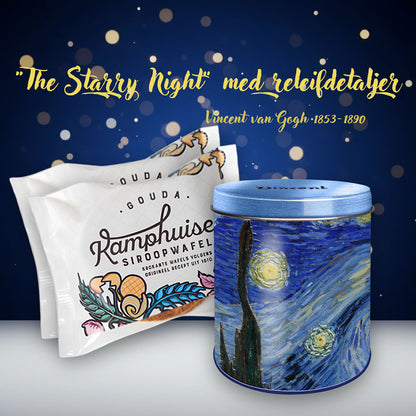 Van Gogh Starry Night plåtburk med djupa blå toner och reliefdetaljer med upphöjda stjärnor och Vincent-text samt två paket Kamphuisen sirapsvåfflor från Nederländerna.
