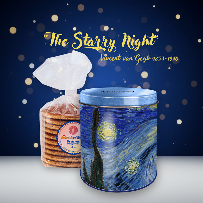 Förvaringsburk i metall för stroopwafflar med reliefmönster med motivet ”The Starry Night” av Vincent van Gogh med påse premium stroopwafels