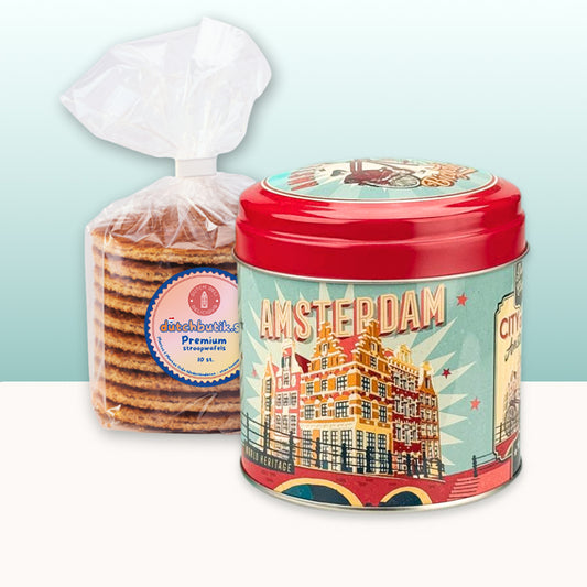 Gåvoset: Paket: Burk med premium sirapsvåfflor (blik Stroopwafels) Tema Amsterdam Kanaler blå-grön/röd
