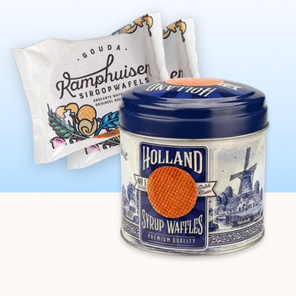 Exklusivt gåvoset: Burk med Kamphuisen sirapsvåfflor(10st.) serien "Delft Blå" (Delfts Blauw) i retrostil