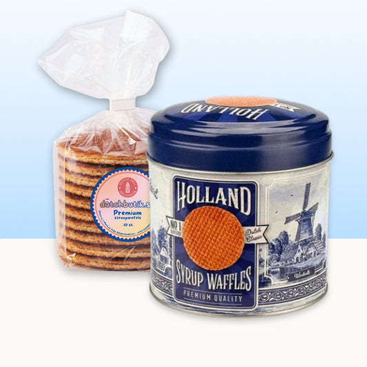 Burk "Holland Syrup Waffles" i retro Delfts blå design med påse premium Stroopwafels. 