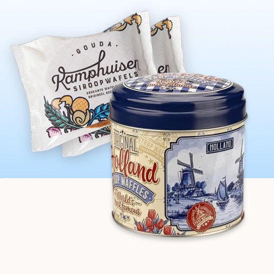 Exklusivt gåvoset: Burk med Kamphuisen sirapsvåfflor(10st.) serien "Delft Blå" (Delfts Blauw) i retrostil 