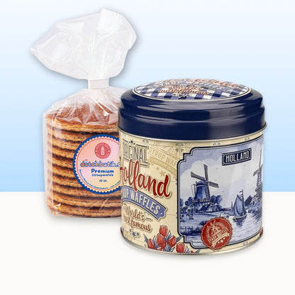Burk med påse premium sirapsvåfflor (10st. ca 350 g) Holland "Delfts blauw" i retrostil