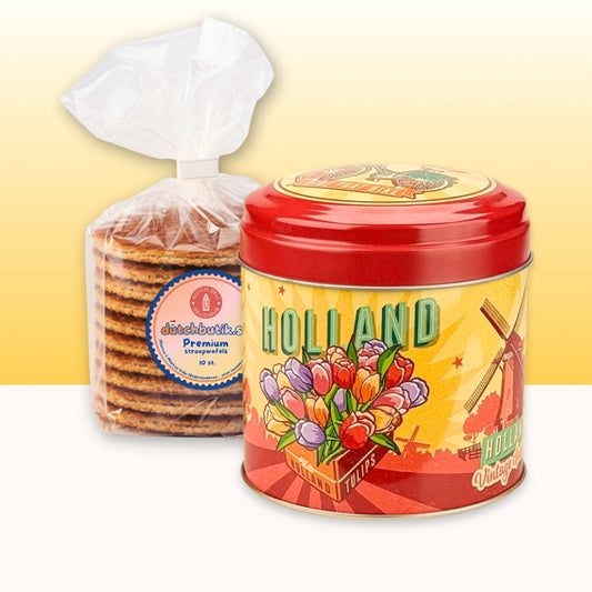 Gåvoset: Burk med premium sirapsvåfflor (blik stroopwafels) Holland Tulips och Kvarn röd/gul i retrostil