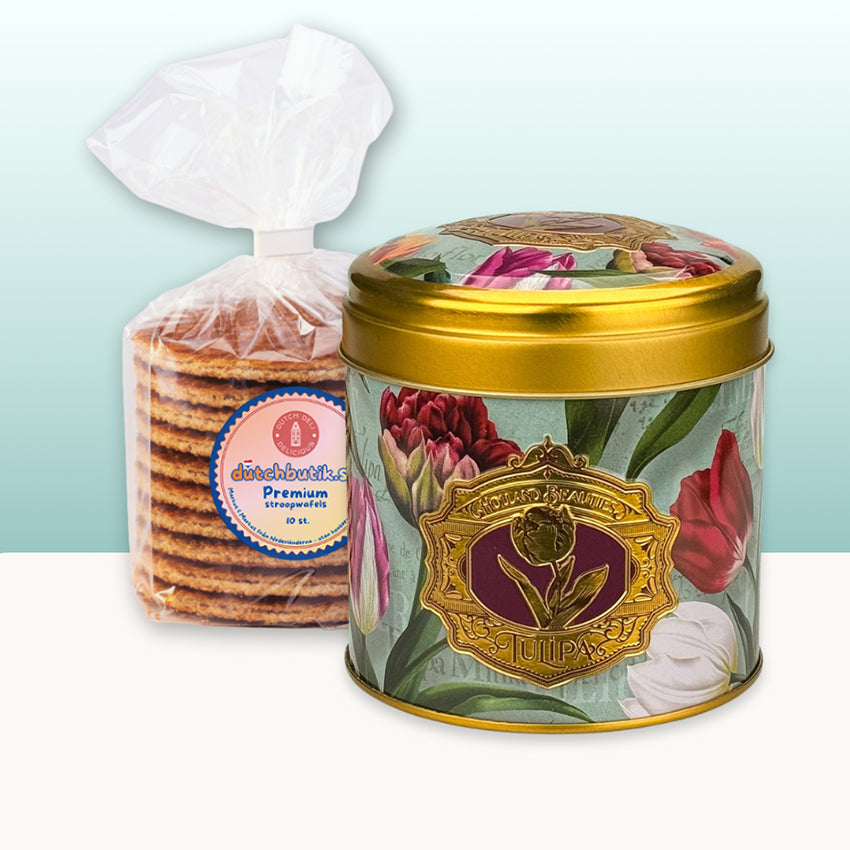 Gåvoset: Burk med premium  sirapsvåfflor (blik Stroopwafels) serien "Pretty Tulips" tulpaner/grön och präglad logo