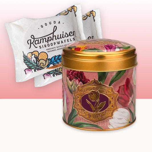 exklusivt gåvoset: Burk med Kamphuisen sirapsvåfflor(10st.) serien "Pretty Tulips" tulpaner/rosa och präglad logo
