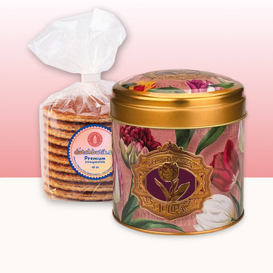 Gåvoset: Burk med premium sirapsvåfflor (blik stroopwafels) serien "Pretty Tulips" tulpaner/rosa och präglad logo 