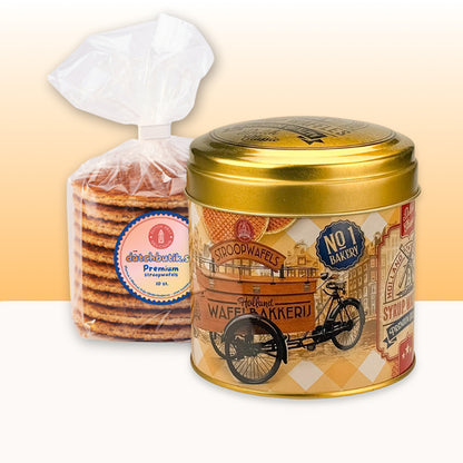 Gåvoset: Burk med premium sirapsvåfflor (blik stroopwafels) lastcykel Holland gul retrostil