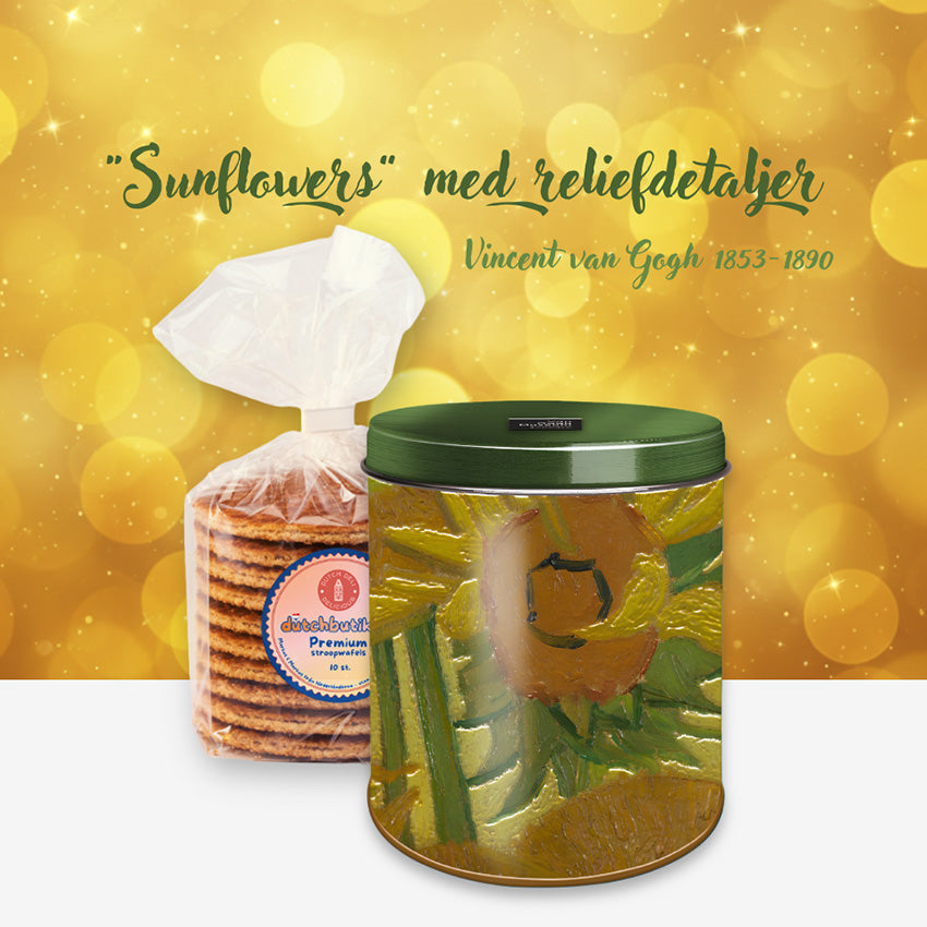 Van Gogh Sunflowers stroopwafel-/förvaringsburk med reliefdetaljer, grönt metalliclock och ett paket premium stroopwafels från Nederländerna.