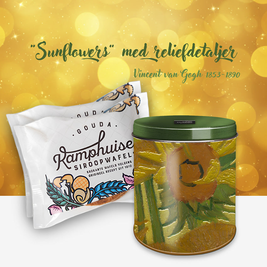Van Gogh Sunflowers stroopwafel-/förvaringsburk med reliefdetaljer, grönt metalliclock och två paket Kamphuisen sirapsvåfflor från Nederländerna.