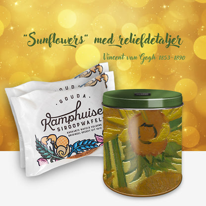 Van Gogh Sunflowers stroopwafel-/förvaringsburk med reliefdetaljer, grönt metalliclock och två paket Kamphuisen sirapsvåfflor från Nederländerna.