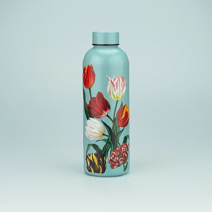 Vattenflaska i rostfritt stål med dubbla väggar 0.5L serien "Pretty Tulips" tulpaner/blågrön från Matix Souvenir Holland