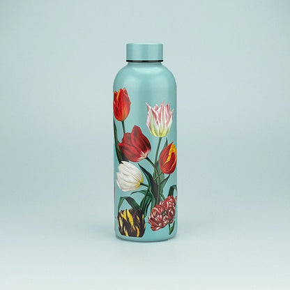 Vattenflaska i rostfritt stål med dubbla väggar 0.5L serien "Pretty Tulips" tulpaner/blågrön från Matix Souvenir Holland. een prachtige waterfles in blauwgroen met tulpenmotieven