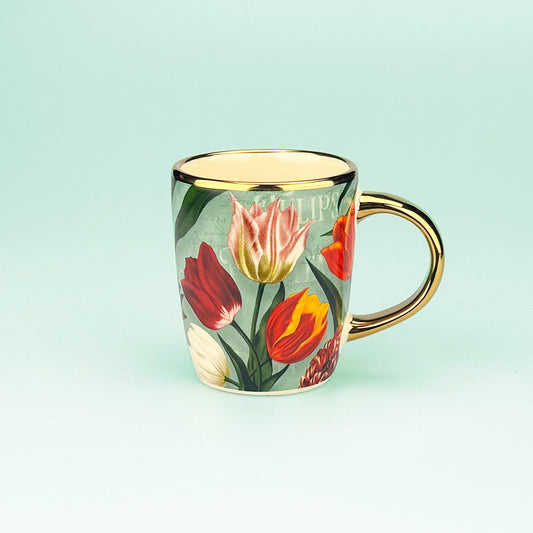Mugg 165ml. serien "Pretty Tulips" grön/tulpaner i porslin av hög kvalitet med gulddetaljer från Matix Souvenir Holland