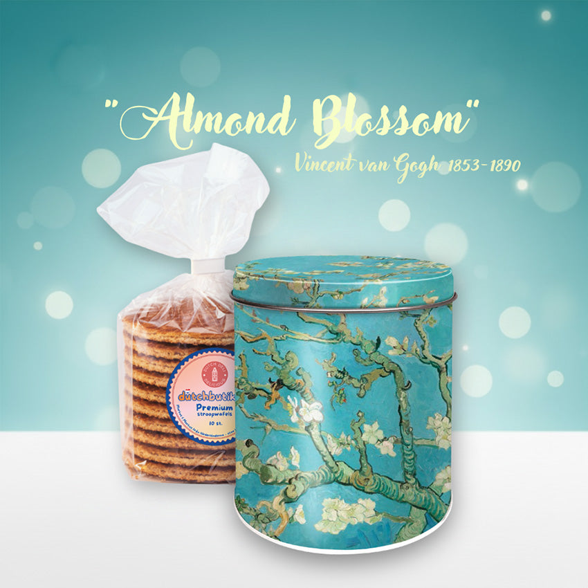 Förvaringsburk för stroopwafflar med motivet ”Vincent van Gogh: Mandelblom - Almond Blossom” med påse premium stroopwafels