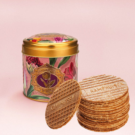 Paket: Burk med Kamphuisen sirapsvåfflor(10st.) serien "Pretty Tulips" tulpaner/rosa och präglad logo från Matix Souvenir Holland