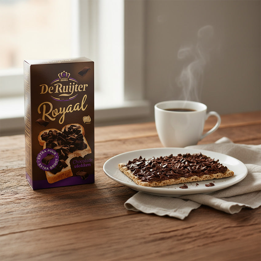 De Ruijter Royaal extra mörka chokladflingor, extra stora (Vlokken extra Puur De Ruijter Royaal) med en smörgås och en kopp kaffe bredvid